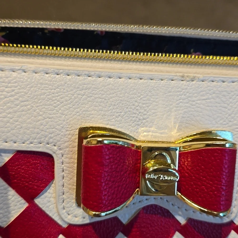 Betsey Johnson White Satchel with Pink Woven Panel & Bow